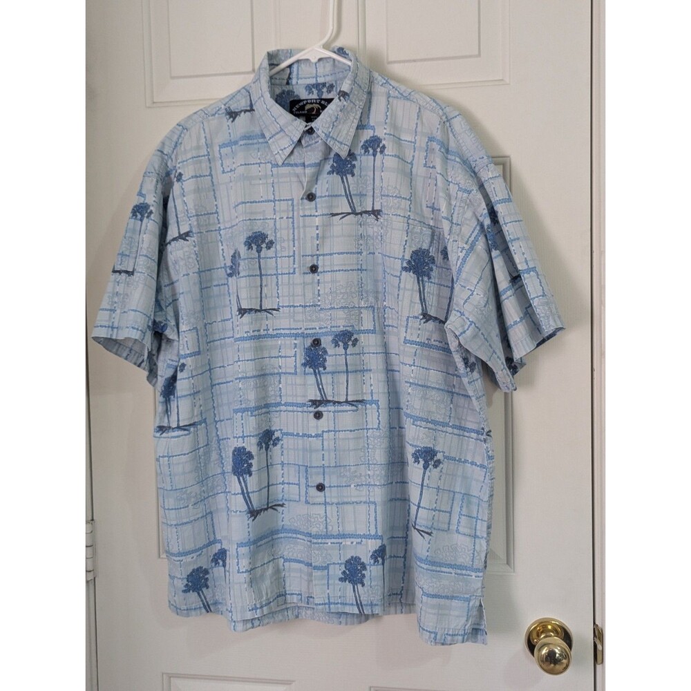 Newport Blue Hawaiian S/S Button Shirt Mens XL Blue Palm Tree Lightweight Cotton